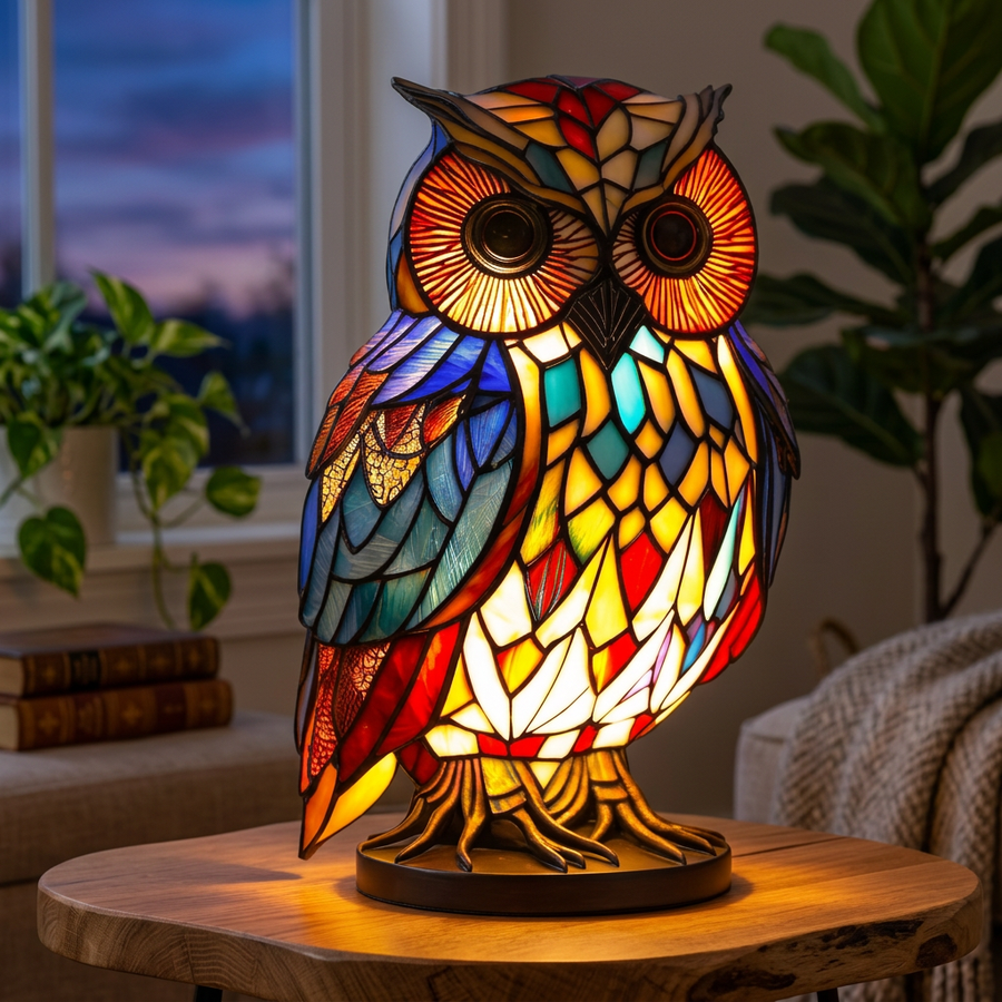 Candeeiro coruja com efeito vitral aceso numa sala acolhedora