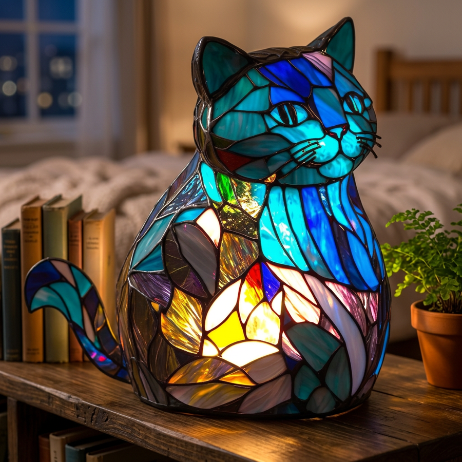 Candeeiro gato com efeito vitral aceso numa estante
