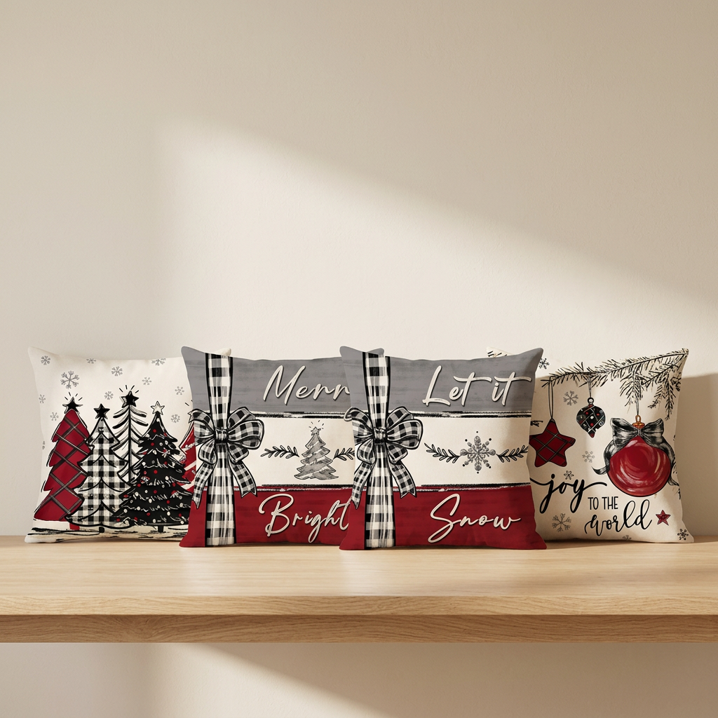 As quatro capas de almofada de Natal lado a lado, junto a uma parede creme