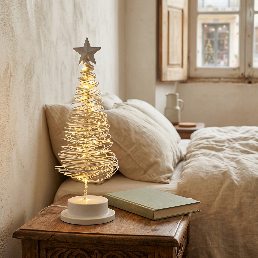 Árvore de Natal branca com luz LED acesa numa mesa de cabeceira, ao lado de um livro