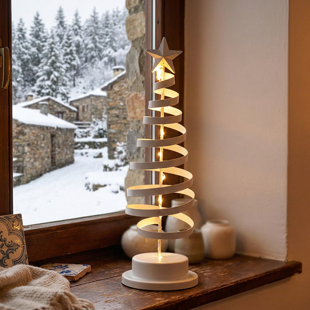Árvore de Natal em espiral branca acesa no parapeito de uma janela com neve lá fora