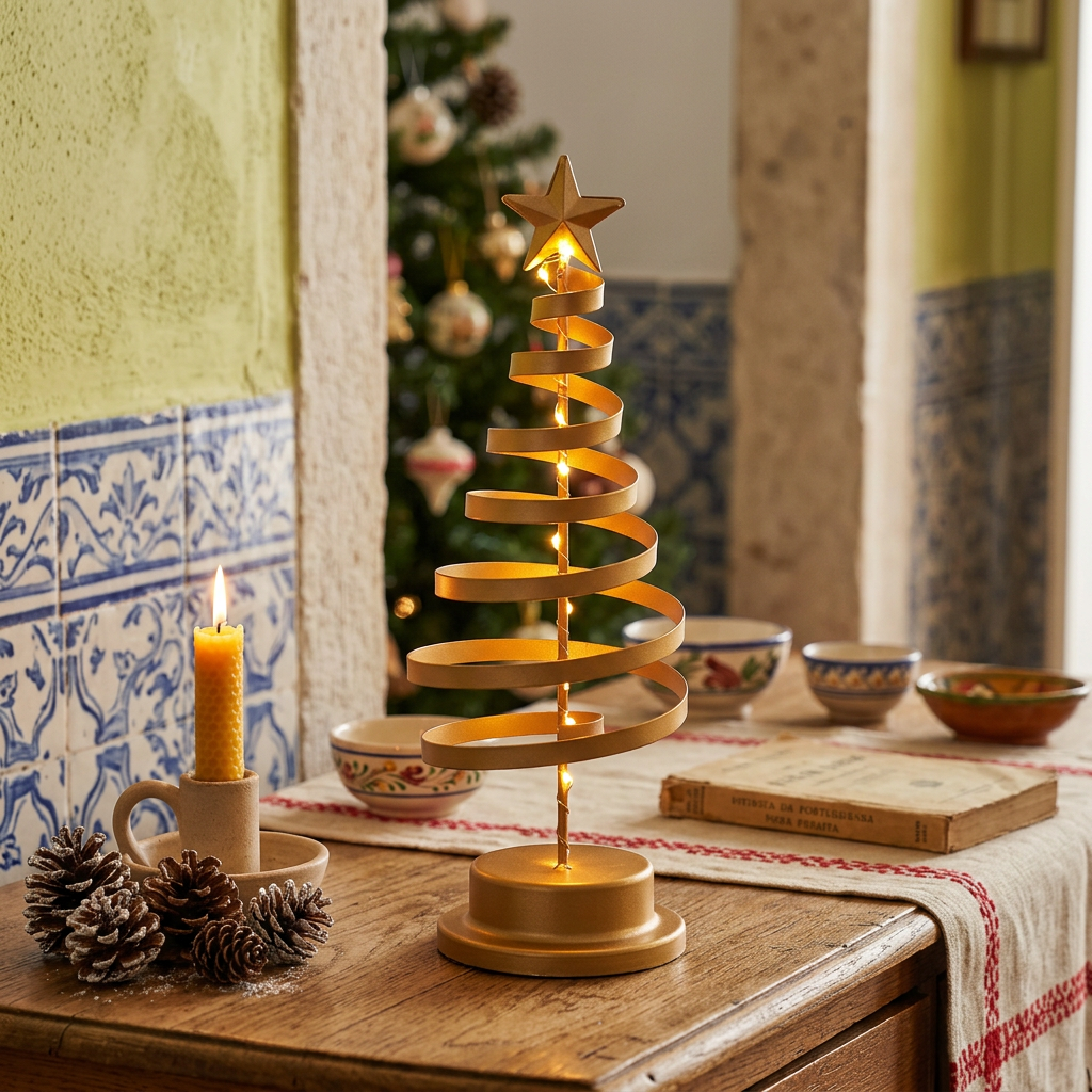 Árvore de Natal em espiral dourada acesa num aparador com uma vela e pinhas