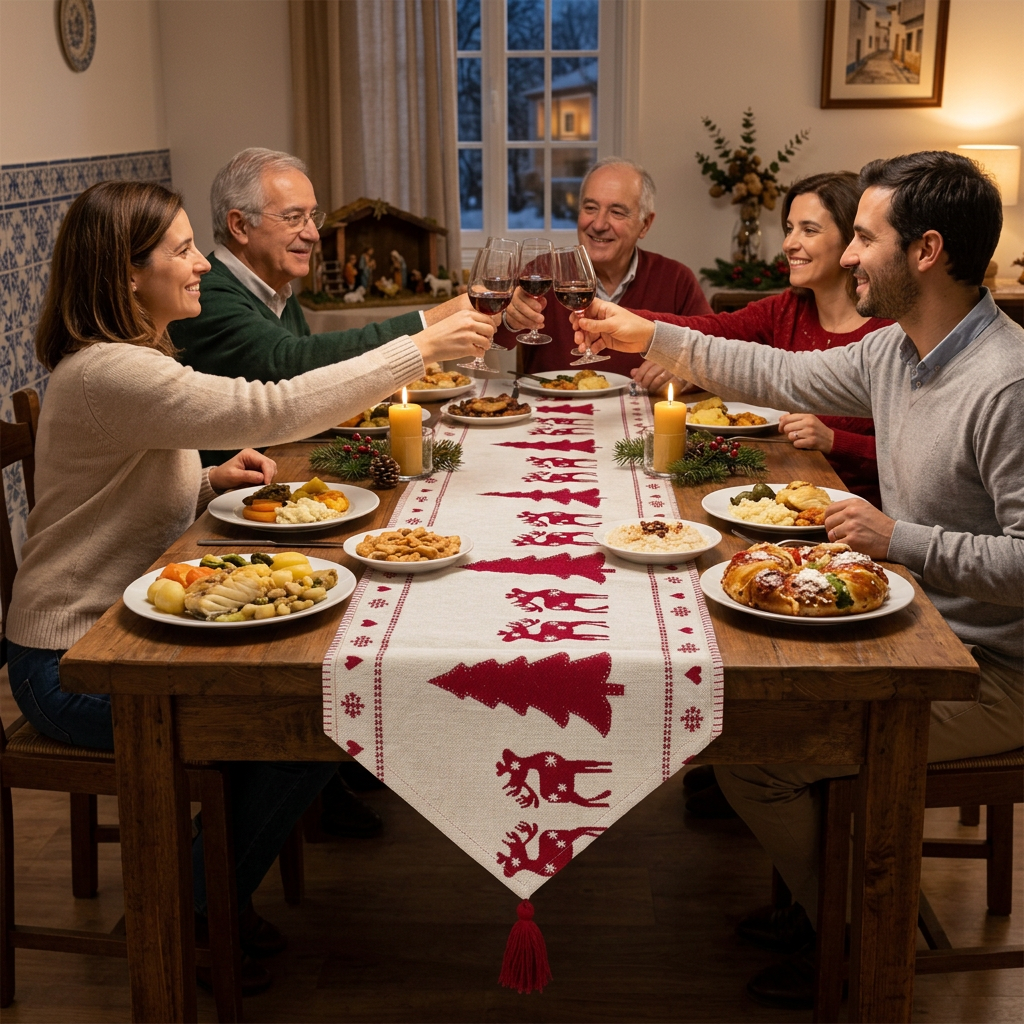 Família a brindar à mesa da consoada com o caminho de mesa de árvores e renas ao centro