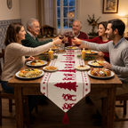 Família a brindar à mesa da consoada com o caminho de mesa de árvores e renas ao centro