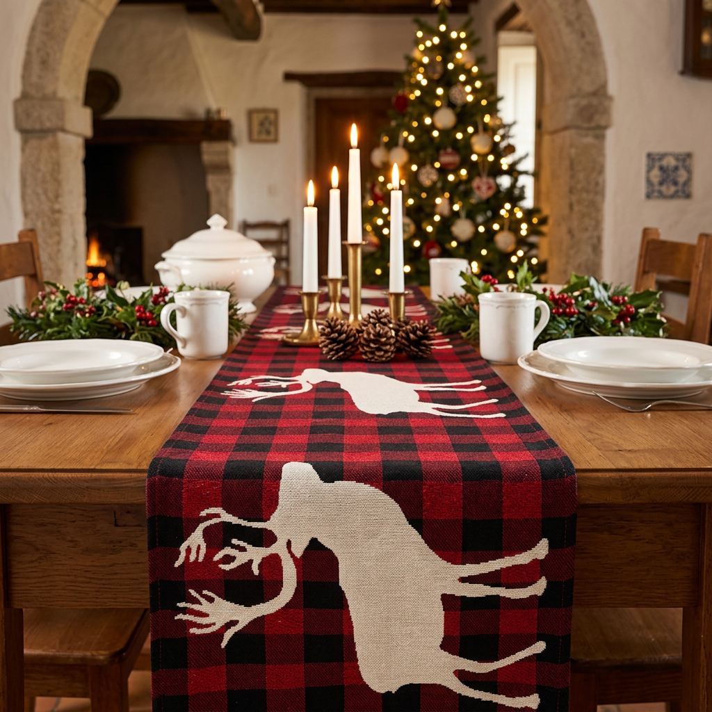 Caminho de mesa de Natal em xadrez vermelho com rena numa mesa com louça branca e velas