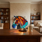 Candeeiro cavalo com efeito vitral aceso numa cómoda, ao lado de uma caneca