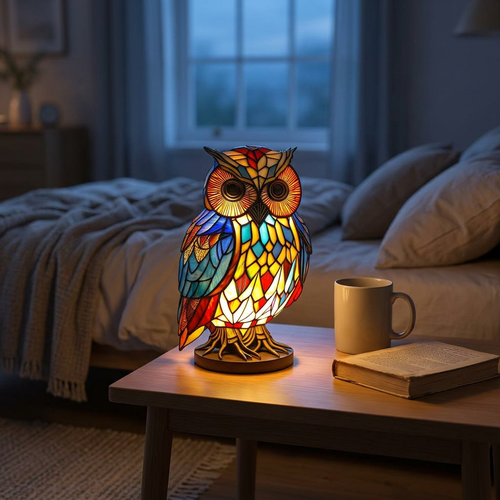 Candeeiro coruja com efeito vitral aceso numa mesa de cabeceira, ao lado de uma caneca e de um livro