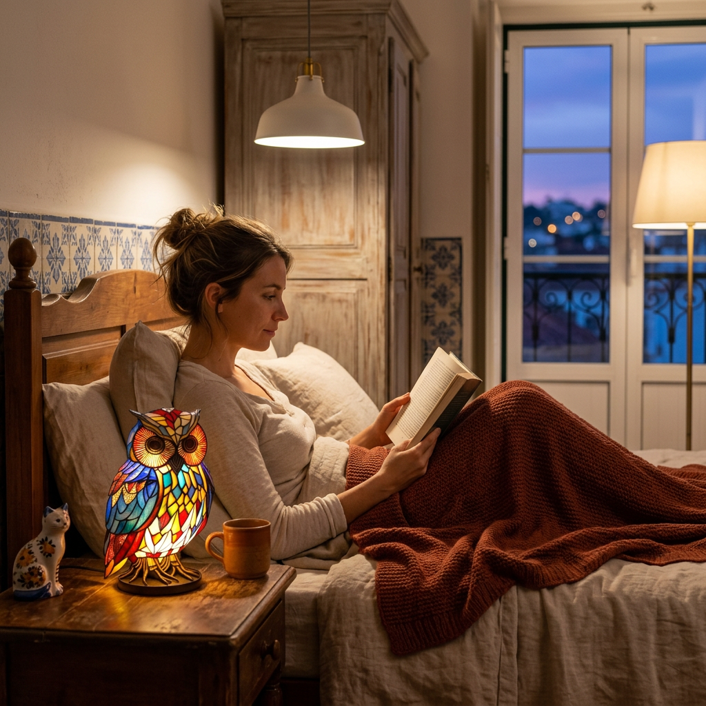 Mulher a ler na cama com o candeeiro coruja com efeito vitral aceso na mesa de cabeceira