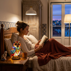 Mulher a ler na cama com o candeeiro coruja com efeito vitral aceso na mesa de cabeceira