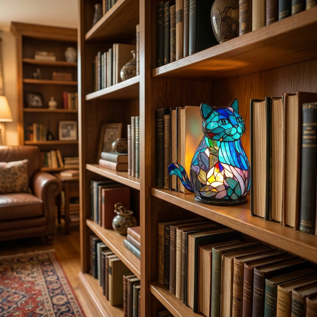 Candeeiro gato com efeito vitral aceso numa estante, entre livros mais altos do que ele