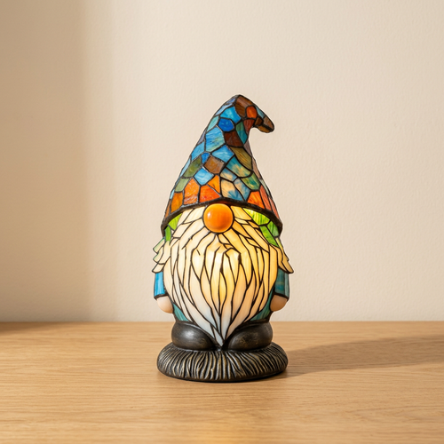Candeeiro gnomo de Natal com efeito vitral numa mesa de carvalho claro, junto a uma parede creme