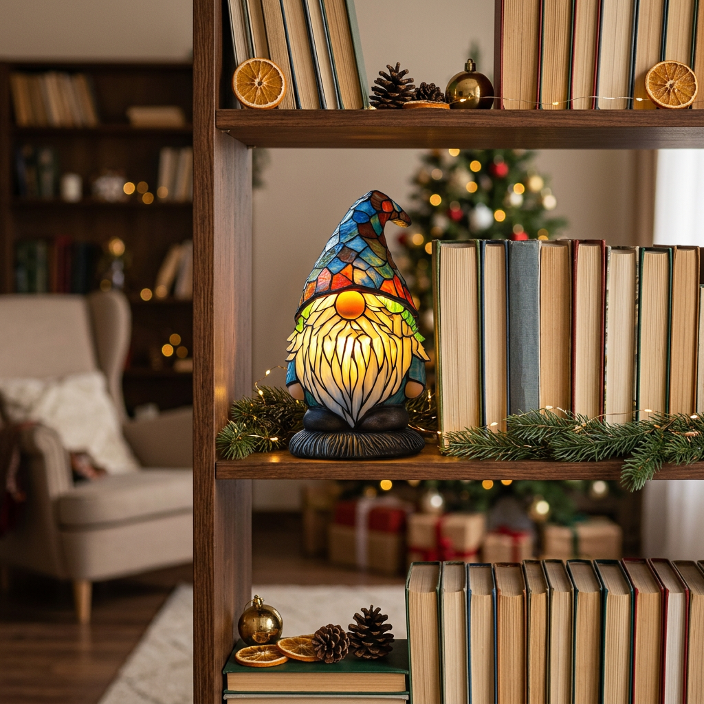 Candeeiro gnomo de Natal com efeito vitral aceso numa estante decorada para o Natal, entre livros mais altos