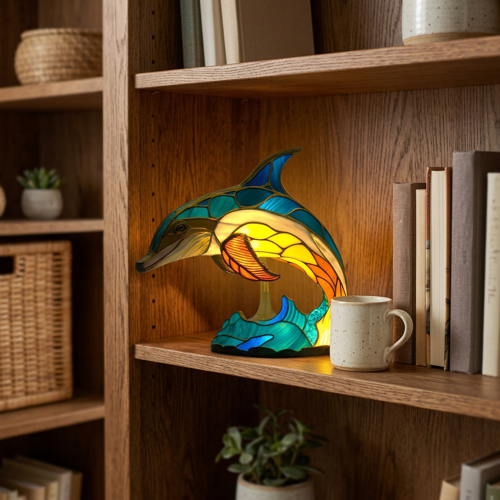 Candeeiro golfinho com efeito vitral aceso numa prateleira, ao lado de uma caneca e de livros