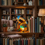 Candeeiro guaxinim com efeito vitral aceso numa estante, ao lado de livros e de uma planta