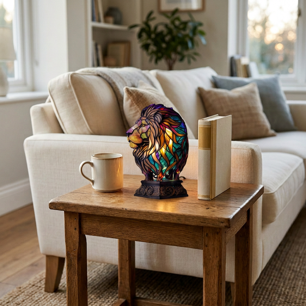 Candeeiro leão com efeito vitral aceso numa mesa de apoio junto ao sofá, ao lado de uma caneca e de um livro