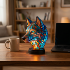 Candeeiro lobo com efeito vitral aceso numa secretária, ao lado de uma caneca e de um portátil
