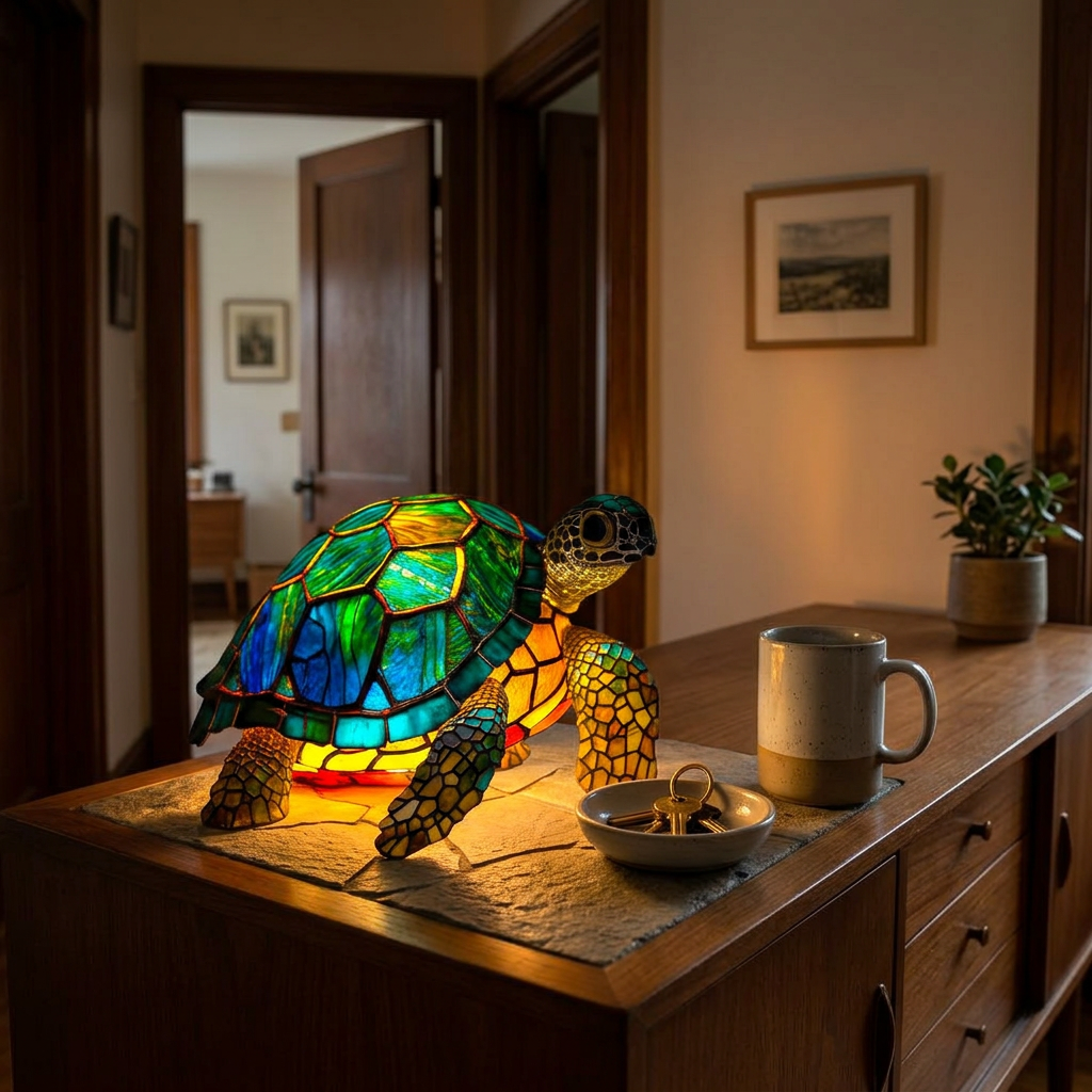 Candeeiro tartaruga com efeito vitral aceso num aparador do hall, com uma taça e uma caneca