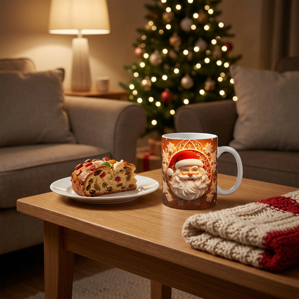 Caneca de Natal com Pai Natal em tons de âmbar numa mesa de centro, com uma fatia de bolo-rei e uma manta de malha