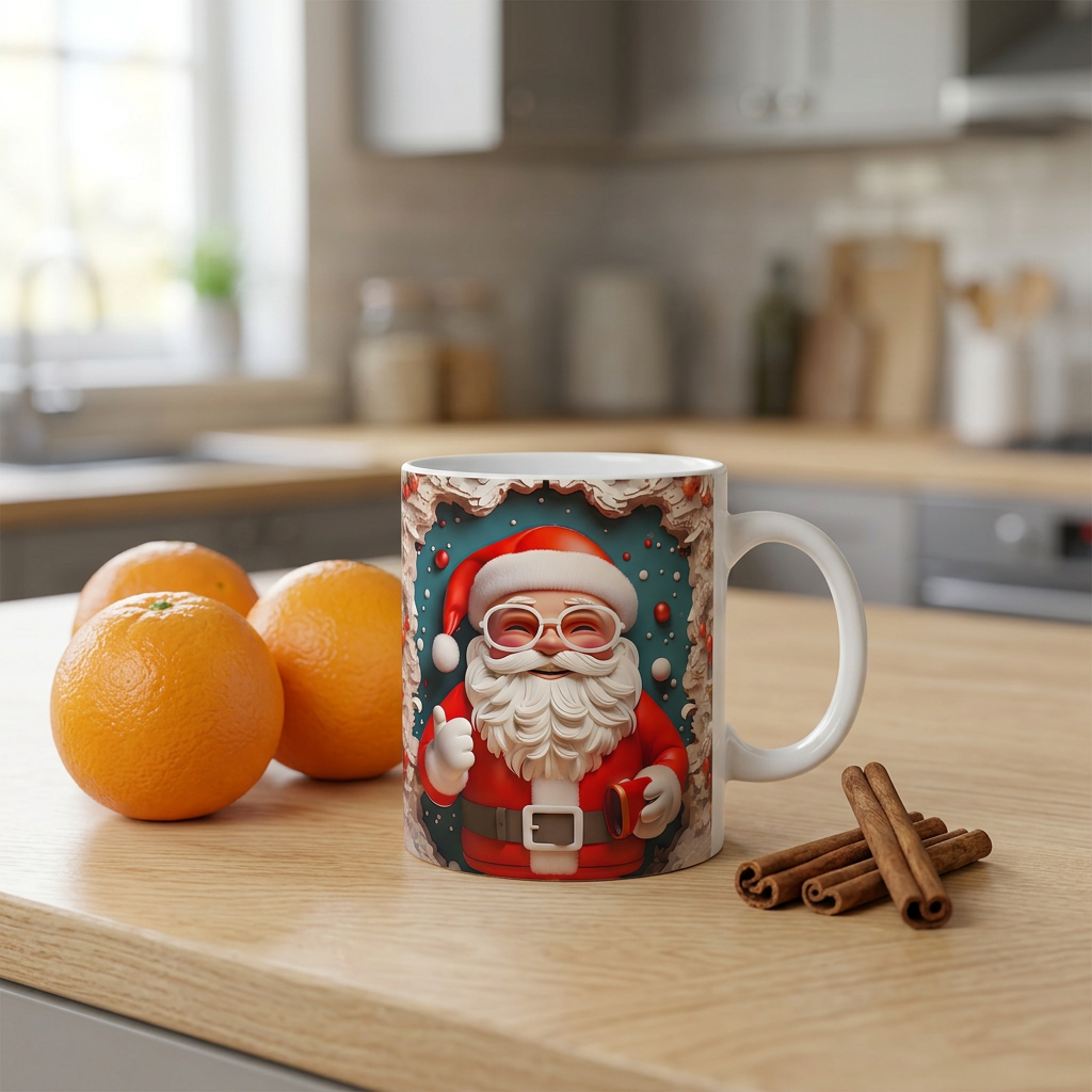 Caneca de Natal com Pai Natal de óculos numa bancada de cozinha, com laranjas e paus de canela