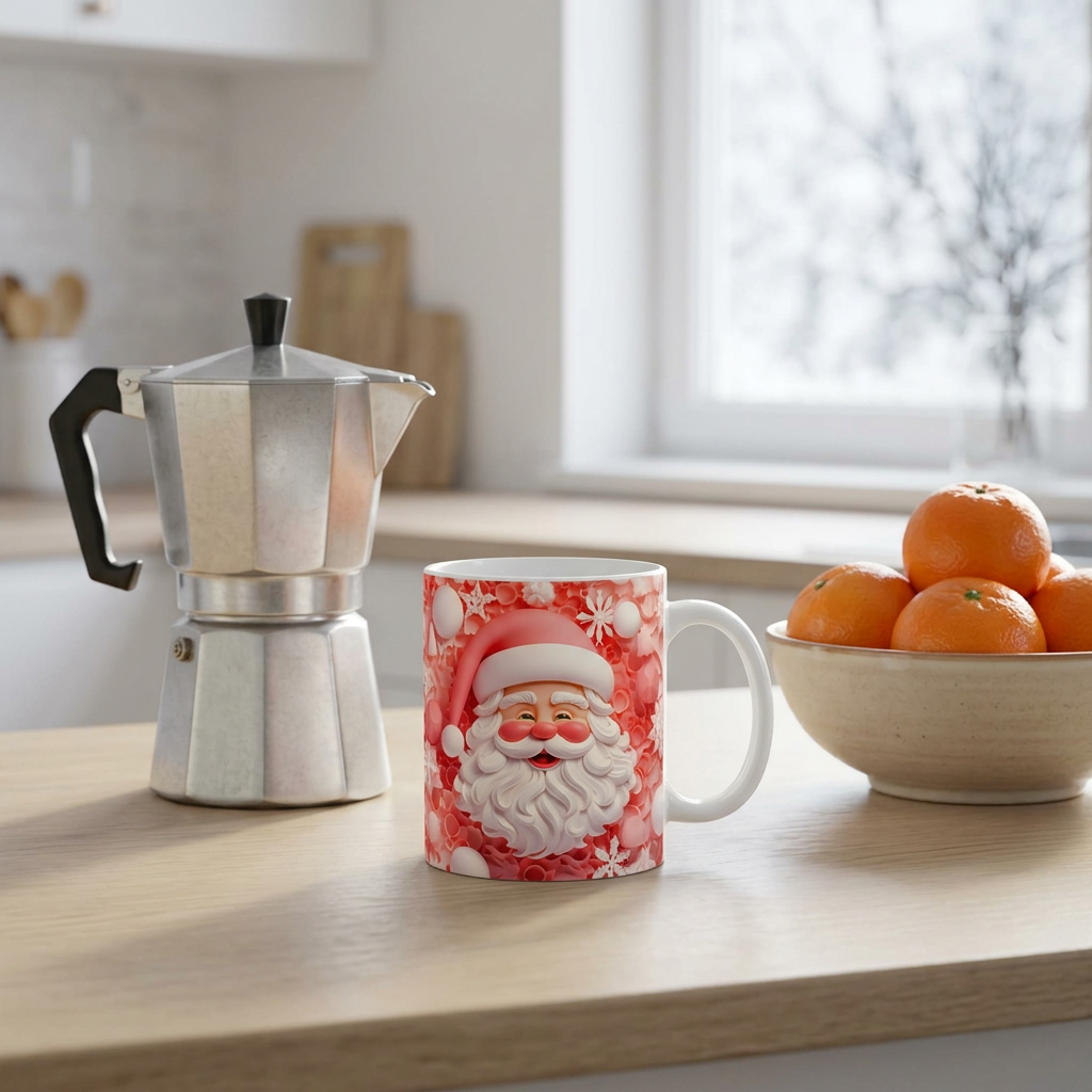 Caneca de Natal com Pai Natal e flocos rosa numa bancada de cozinha, ao lado de uma cafeteira e de tangerinas