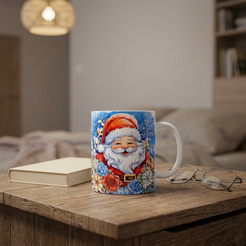 Caneca de Natal com Pai Natal e flores azuis numa mesa de cabeceira, com um livro e óculos de leitura