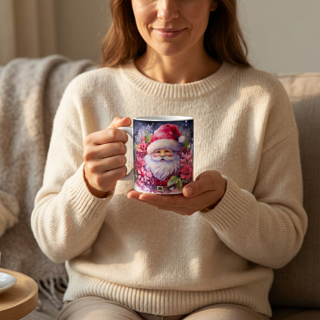 Mulher no sofá a segurar com as duas mãos a caneca de Natal com Pai Natal e flores rosa