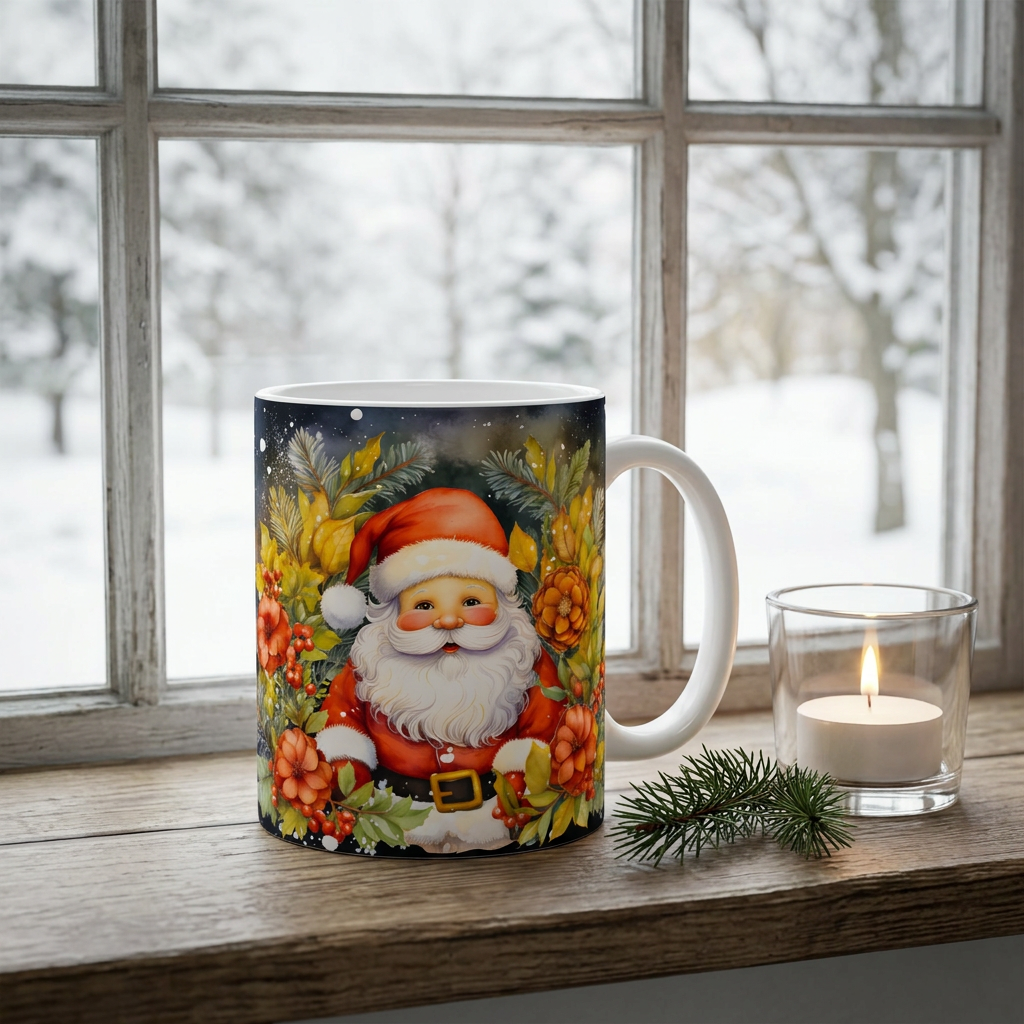 Caneca de Natal com Pai Natal e folhagem dourada num parapeito com neve lá fora, ao lado de uma vela de chá