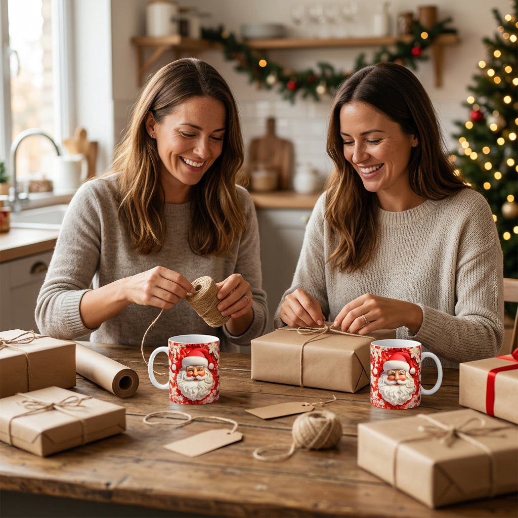 Duas amigas a embrulhar presentes na cozinha, cada uma com a sua caneca de Natal vermelho clássico