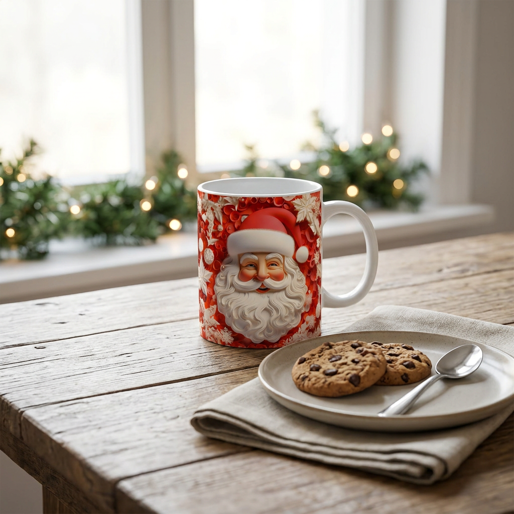 Caneca de Natal com Pai Natal vermelho clássico numa mesa de pequeno-almoço, ao lado de um prato com bolachas