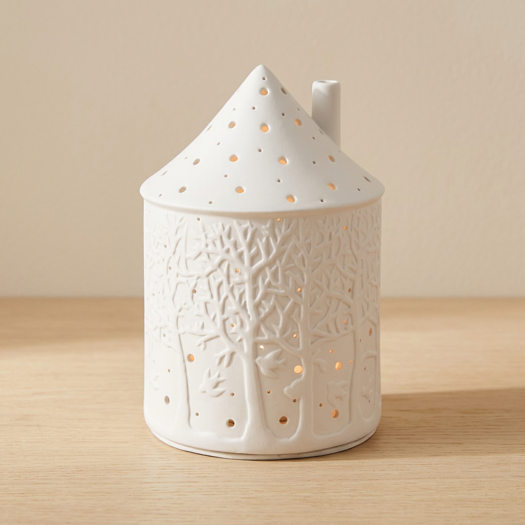 Porta-velas casinha de cerâmica Floresta numa mesa de carvalho claro, junto a uma parede creme