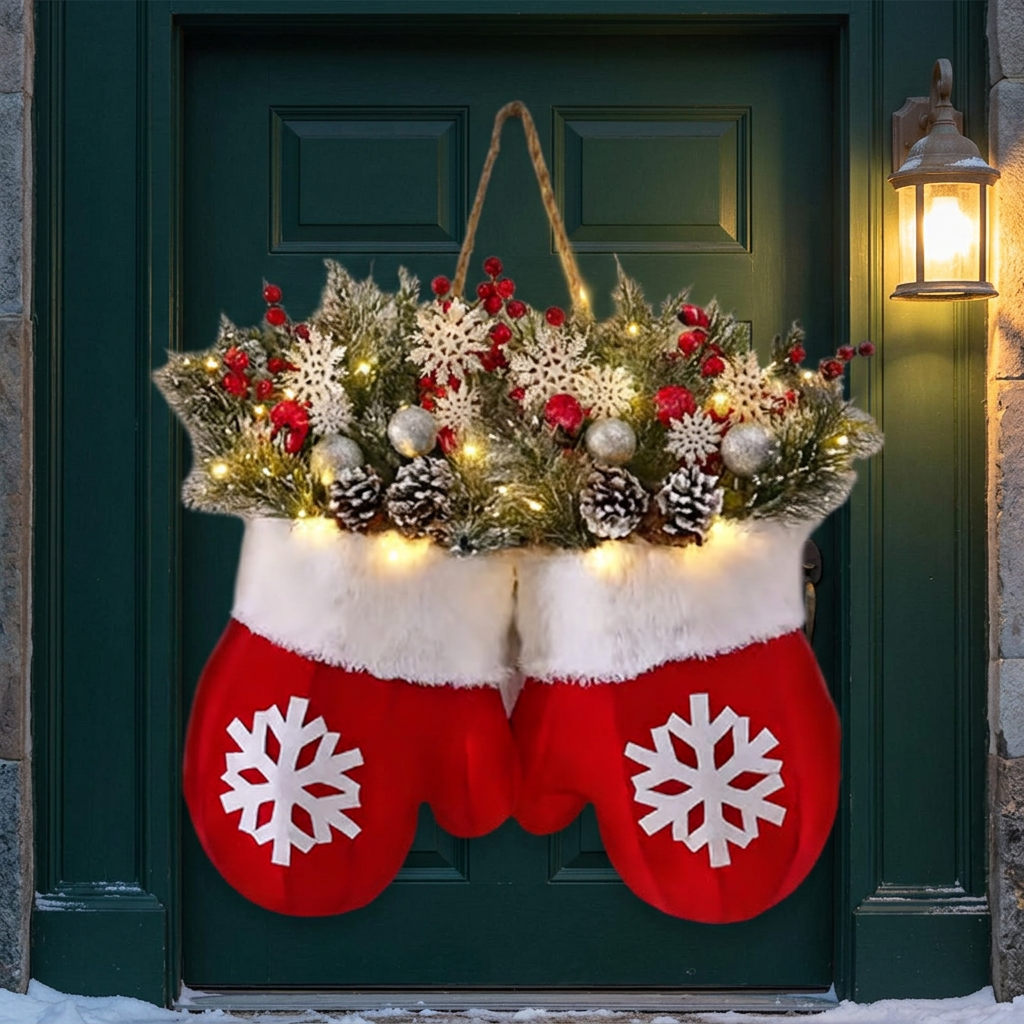 Coroa de Natal com luvas e LED numa porta verde-escuro ao entardecer