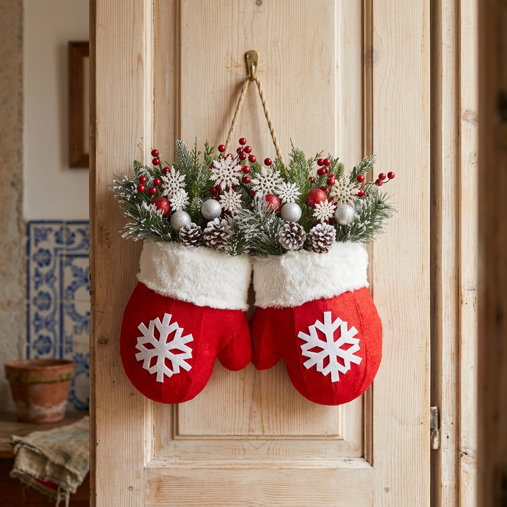 Coroa de Natal com luvas, versão sem luzes, pendurada numa porta de madeira clara