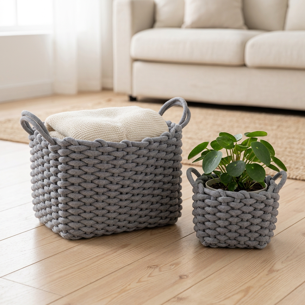 Fotografia de ambiente com os dois cestos cinzentos, manta creme e planta numa sala clara e acolhedora