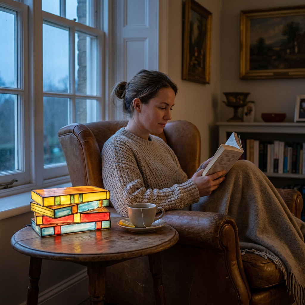 Mulher a ler num cadeirão junto à janela, com o candeeiro de livros empilhados aceso na mesa de apoio