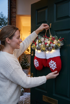 Mulher a pendurar a coroa de Natal com luvas e luzes LED numa porta verde-escura