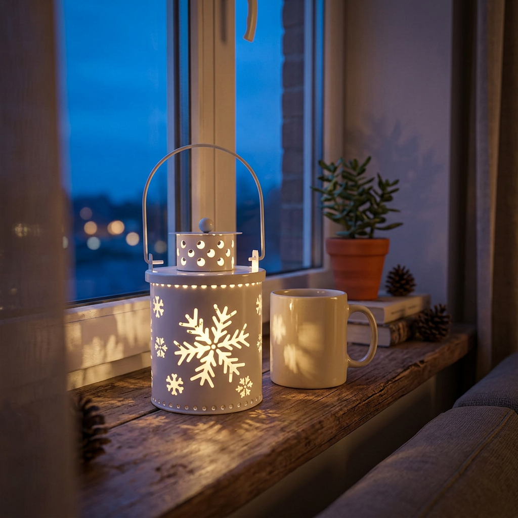 Lanterna de Natal branca com floco de neve recortado, acesa no parapeito da janela ao lado de uma caneca