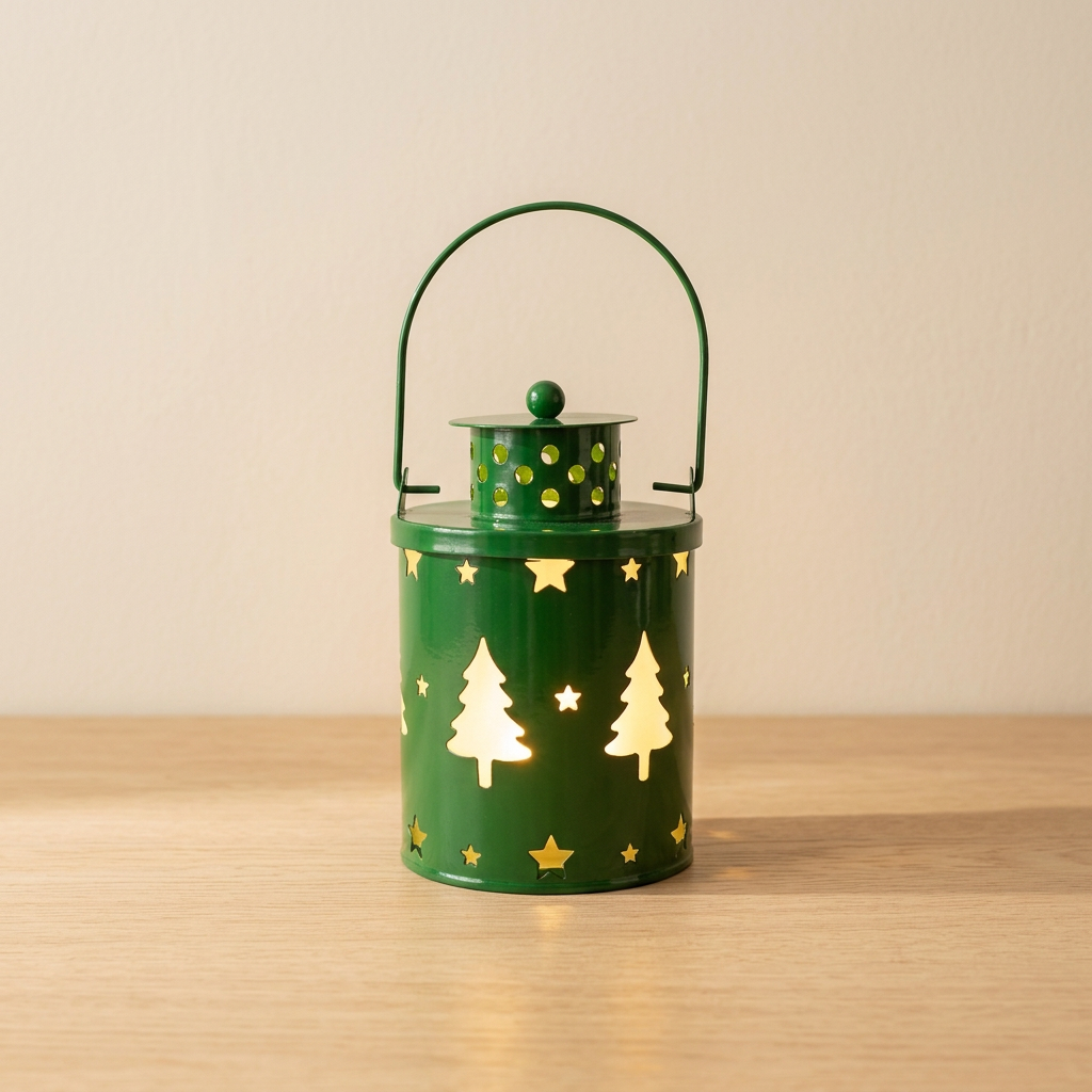 Lanterna de Natal verde com árvores recortadas numa mesa de carvalho claro, junto a uma parede creme