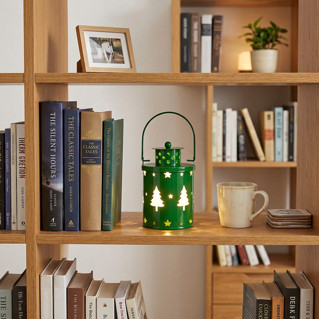 Lanterna de Natal verde com árvores recortadas, acesa numa estante ao lado de uma caneca
