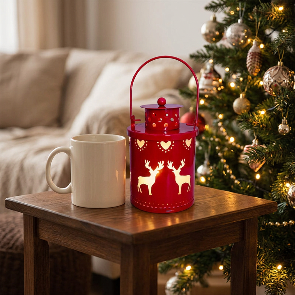 Lanterna de Natal vermelha com renas recortadas, acesa numa mesa de apoio junto à árvore, ao lado de uma caneca
