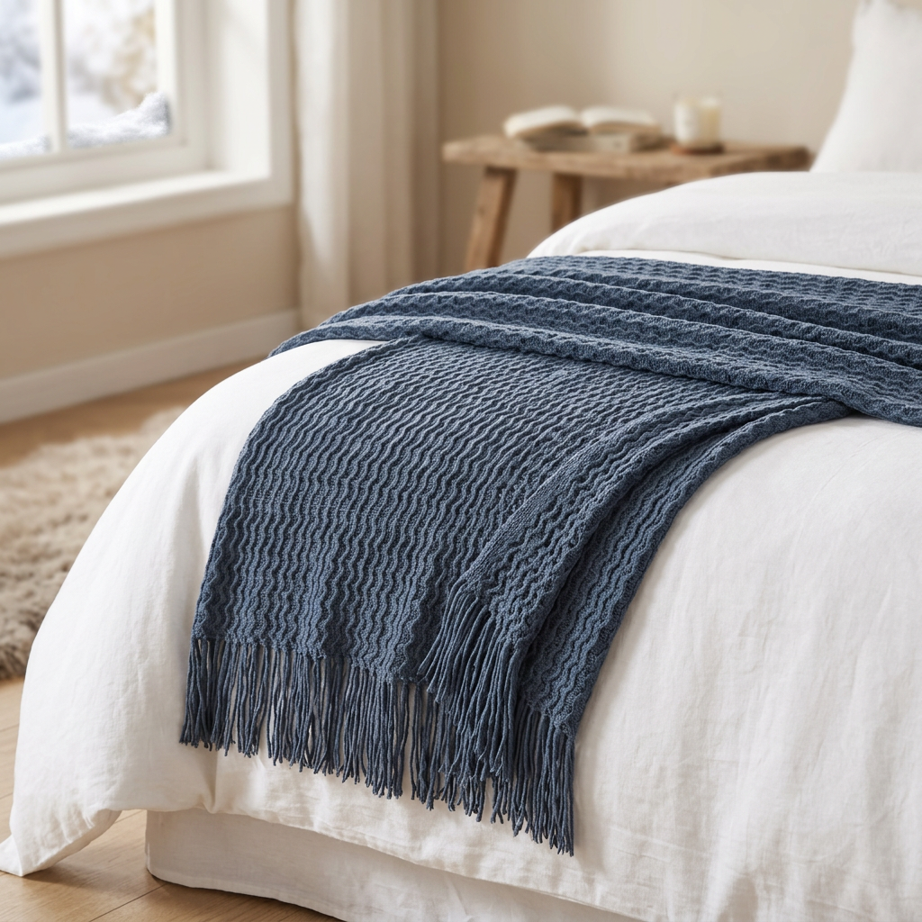 Manta de malha com franjas azul-noite estendida aos pés de uma cama com lençóis brancos