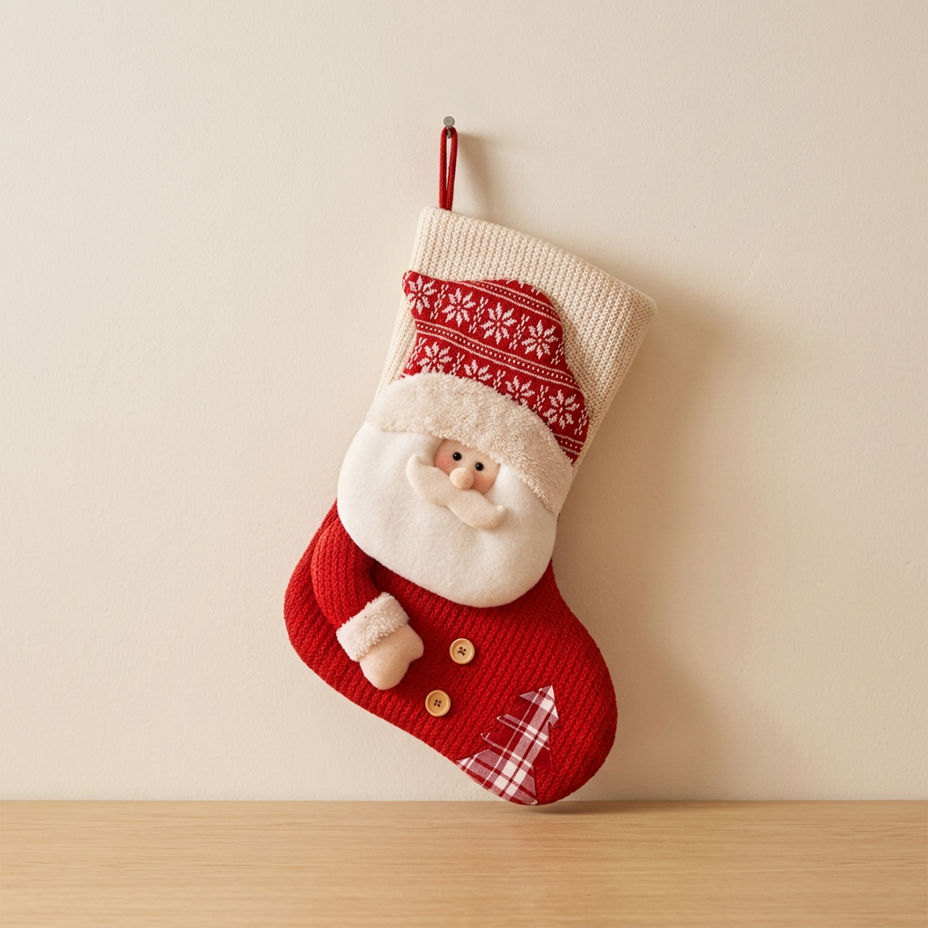 Meia de Natal em malha com Pai Natal pendurada numa parede creme