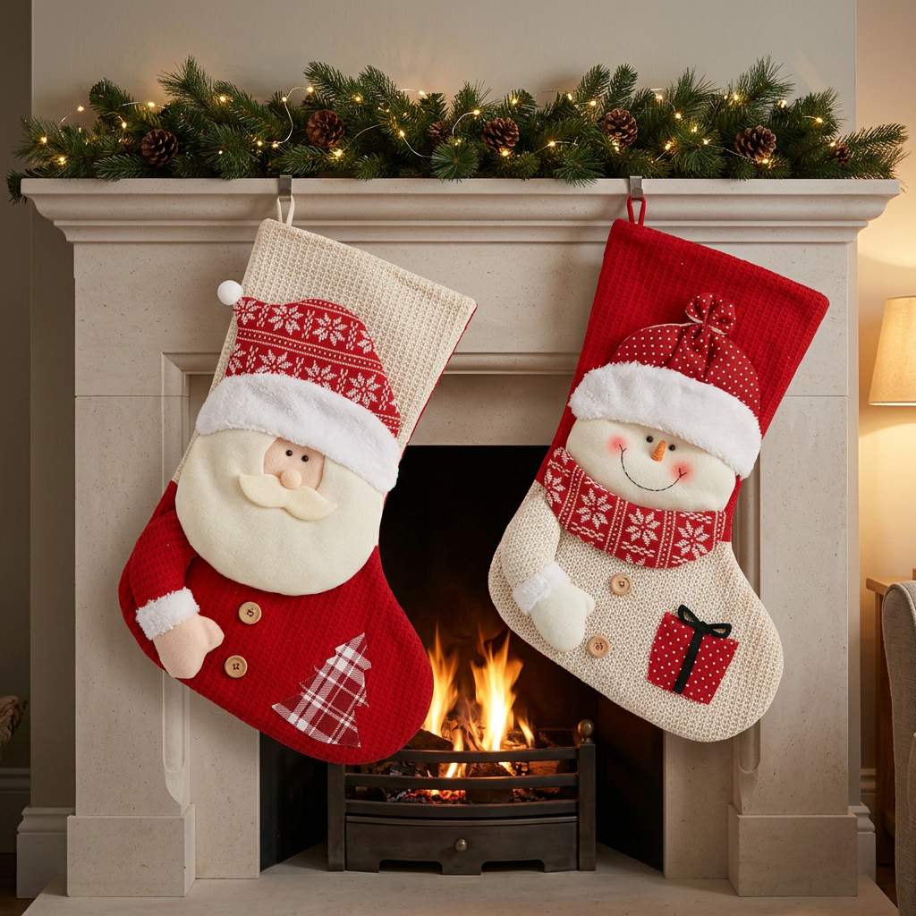 Meias de Pai Natal e boneco de neve numa lareira de pedra clara