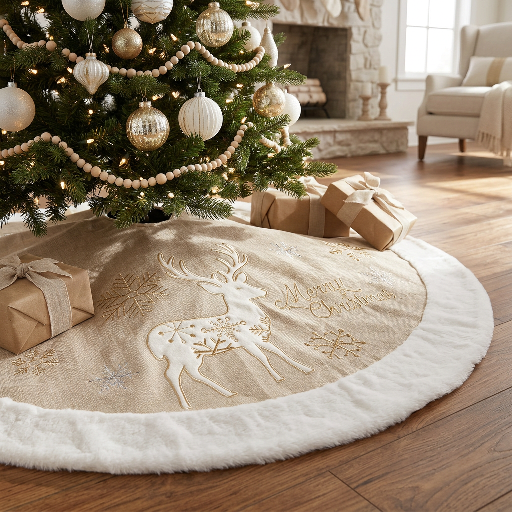 Saia para árvore de Natal com rena bordada · debaixo de uma árvore decorada