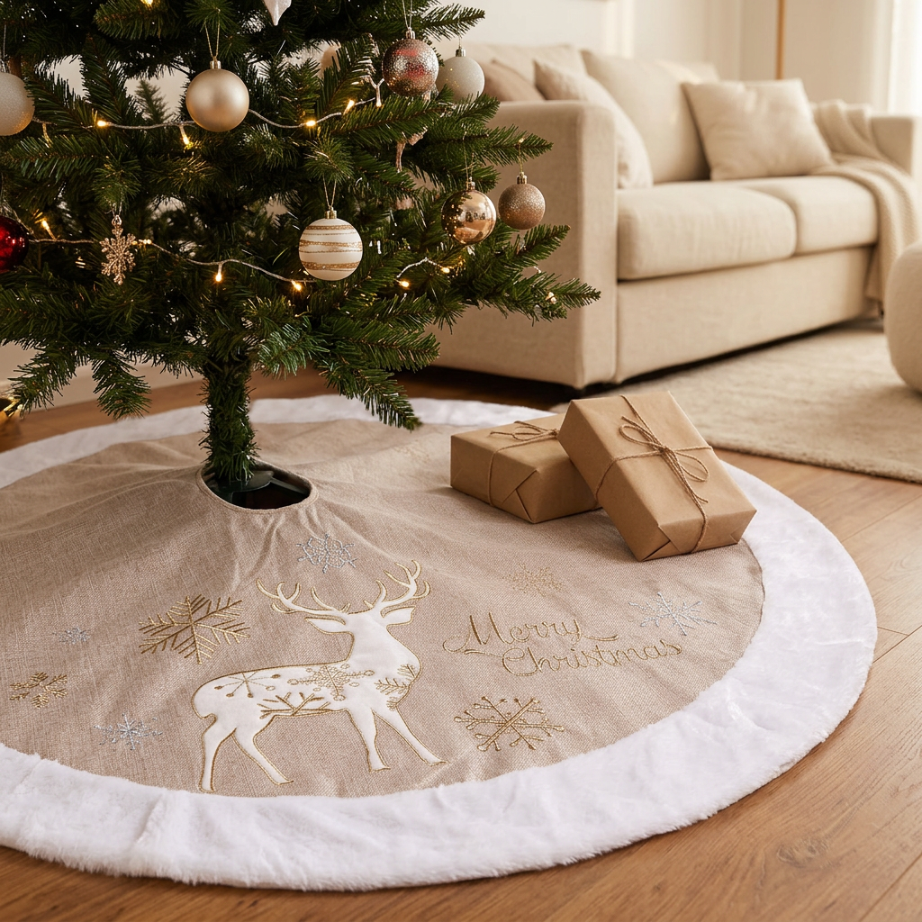 Saia para árvore de Natal com rena bordada debaixo da árvore, com dois embrulhos em papel kraft